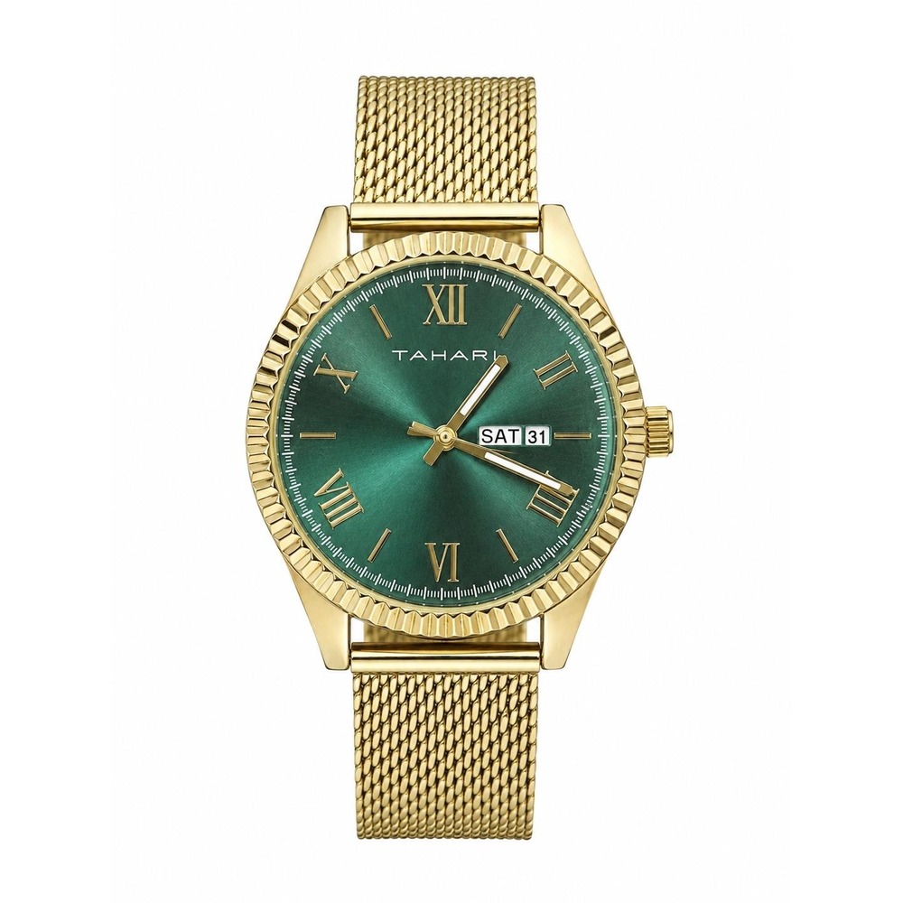 Vintage Tahari Men's Gold Tone Green Dial Mesh Band Day Date Watch Working *See
